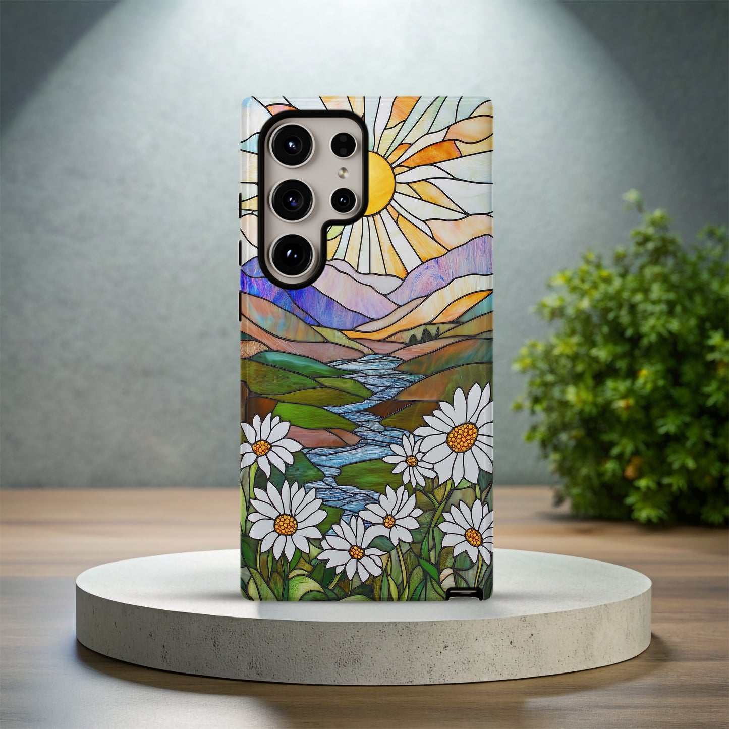 Stained Glass Sun & Daisy Phone Case – Art Nouveau Landscape Design
