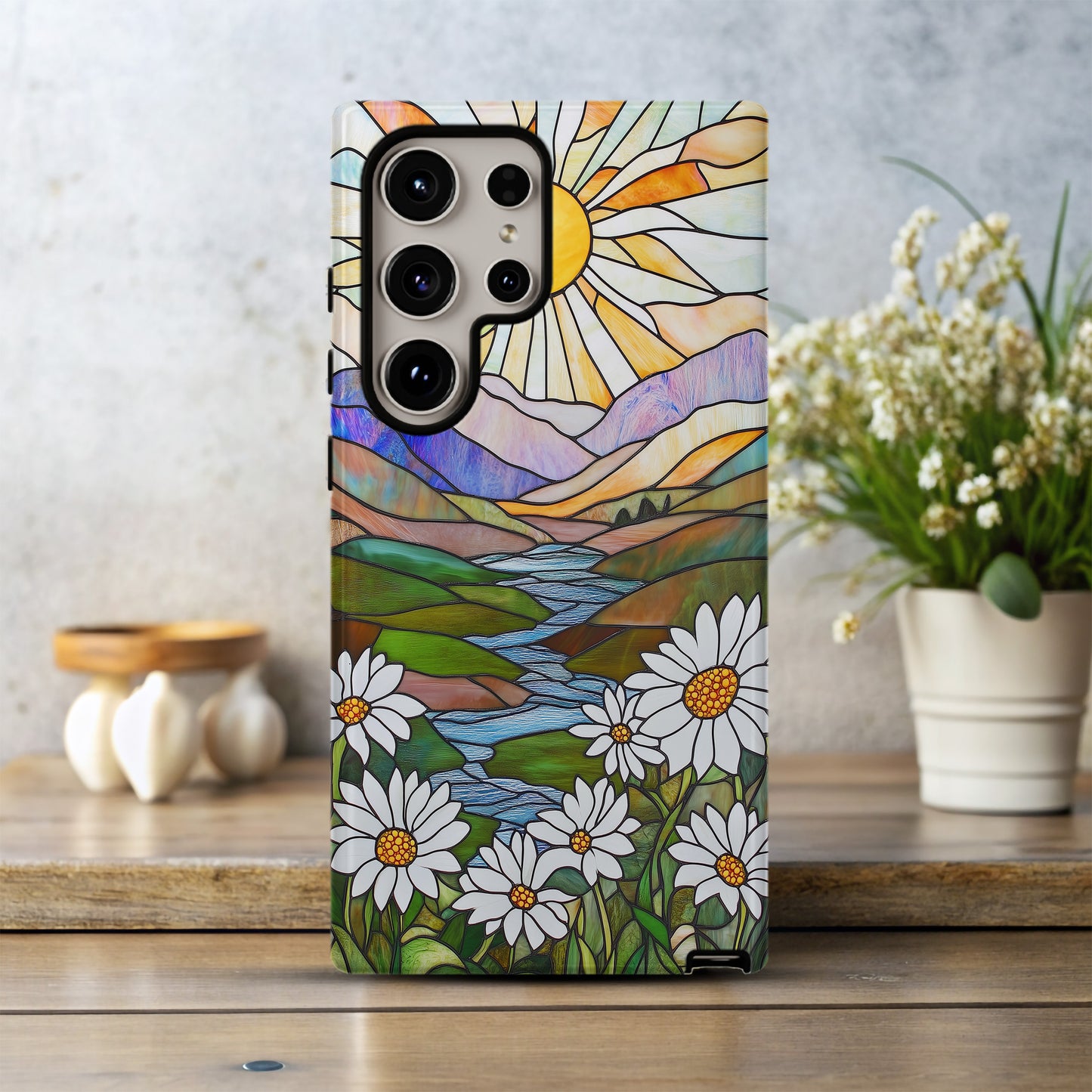 Stained Glass Sun & Daisy Phone Case – Art Nouveau Landscape Design