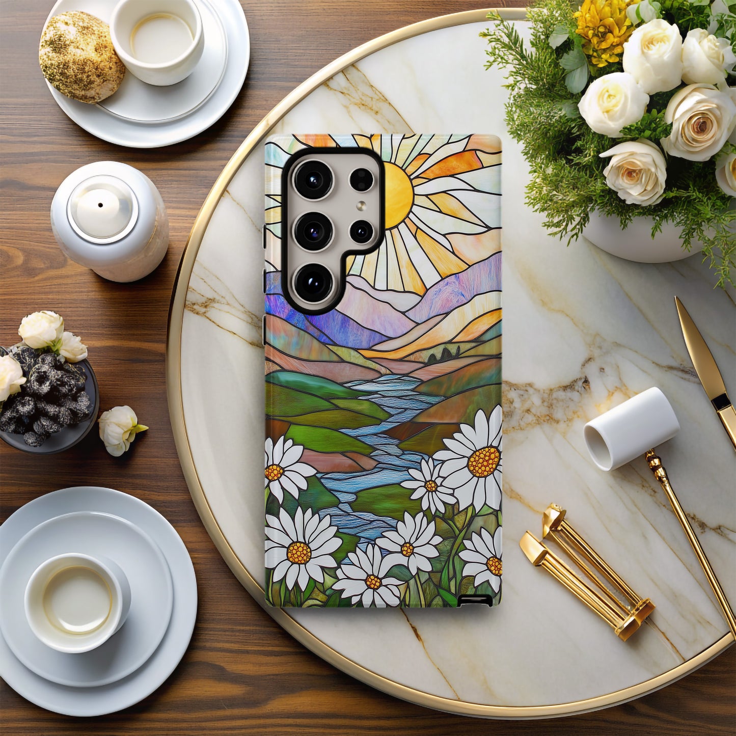 Stained Glass Sun & Daisy Phone Case – Art Nouveau Landscape Design
