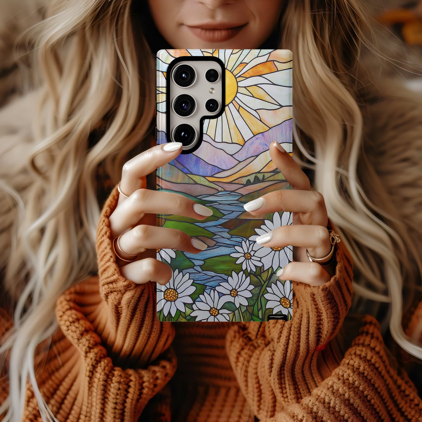 Stained Glass Sun & Daisy Phone Case – Art Nouveau Landscape Design