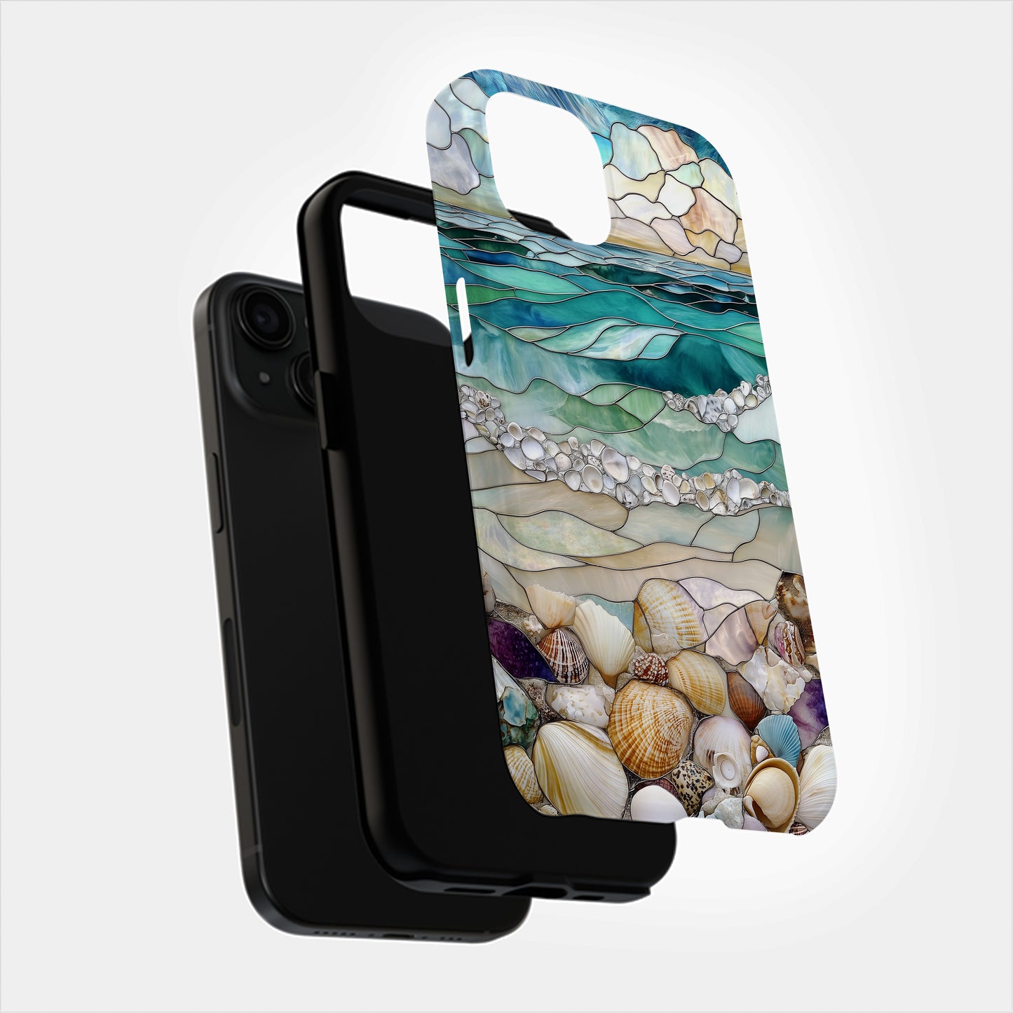 Stained Glass Beach Phone Case – Ocean Waves & Shell Shoreline Art Nouveau Design