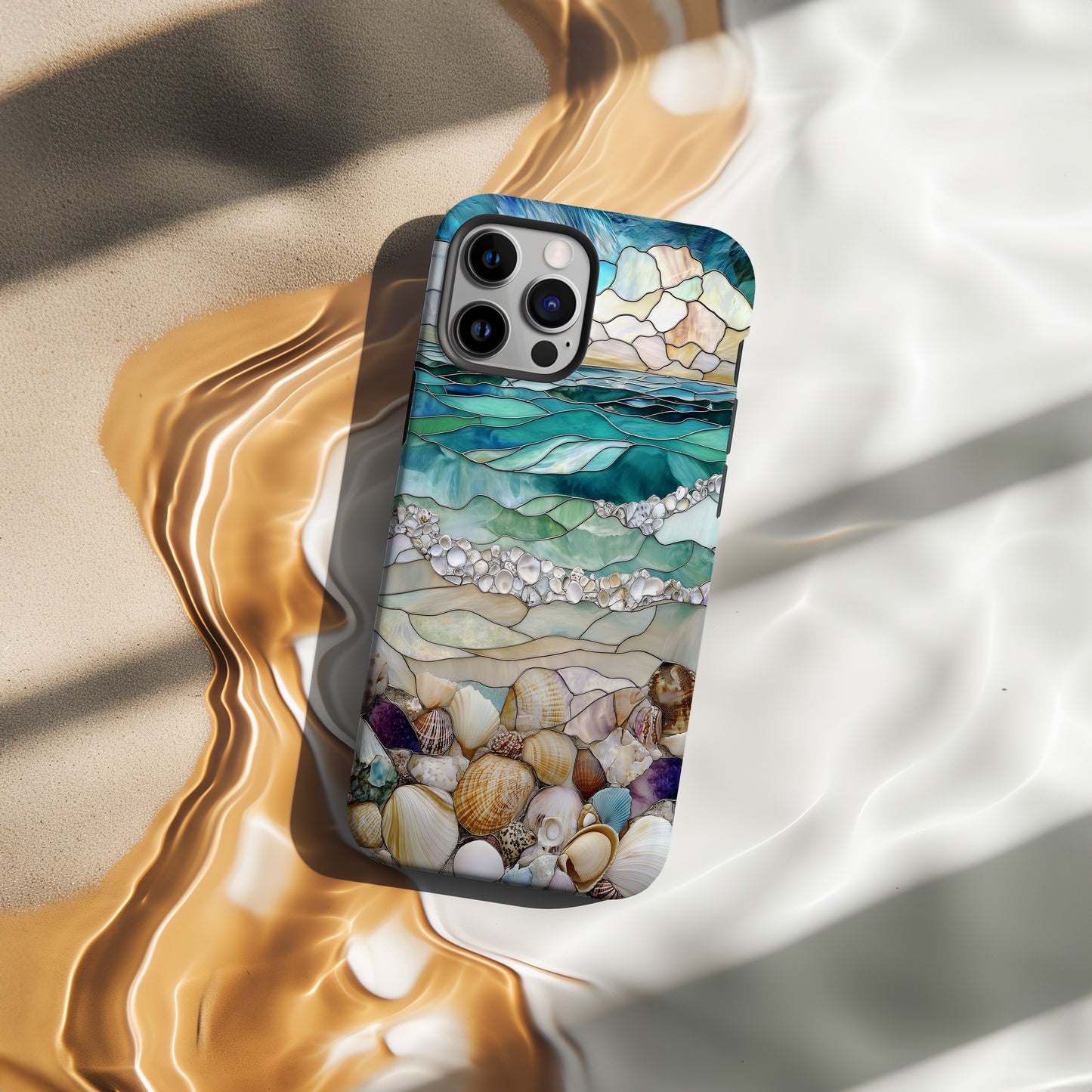 Stained Glass Beach Phone Case – Ocean Waves & Shell Shoreline Art Nouveau Design