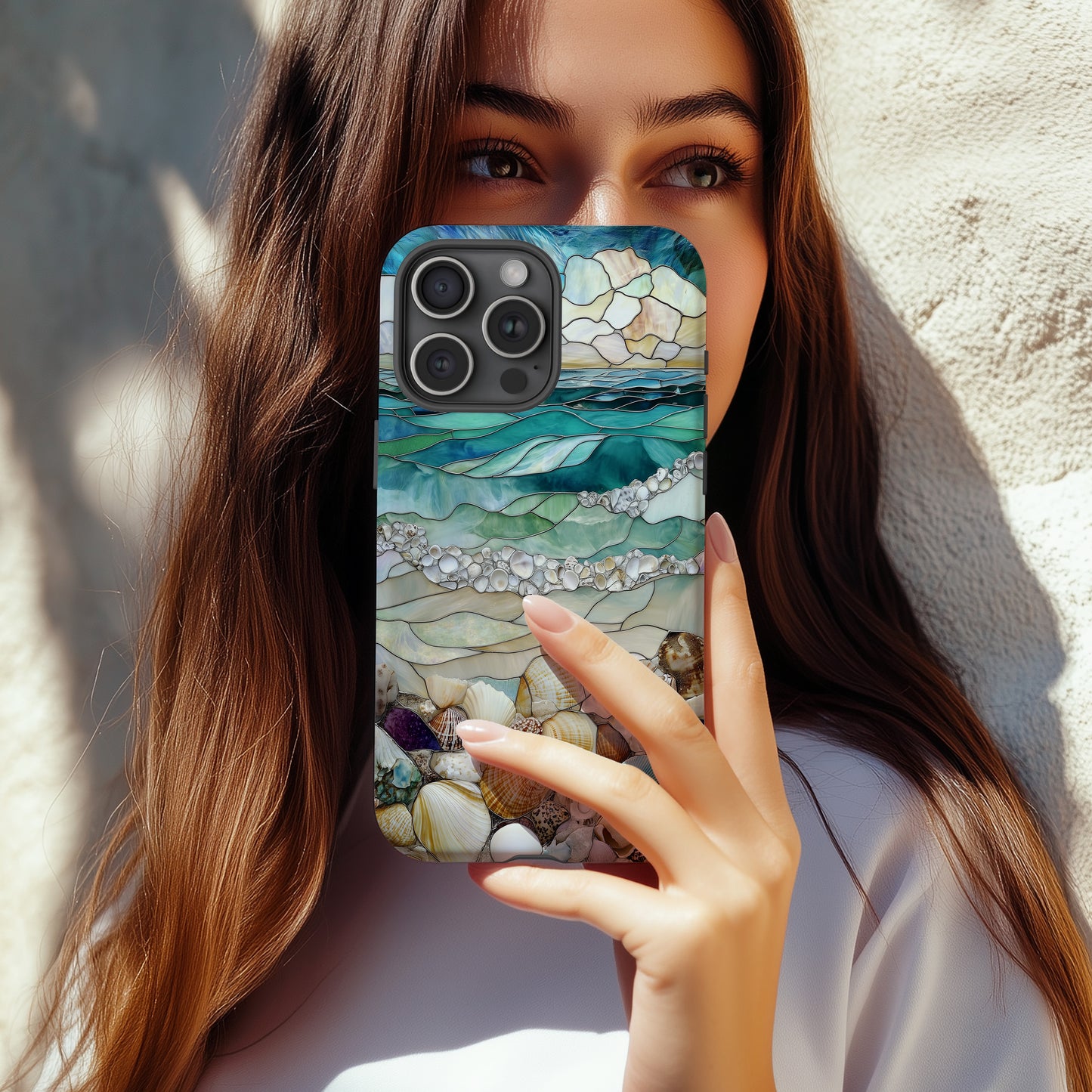 Stained Glass Beach Phone Case – Ocean Waves & Shell Shoreline Art Nouveau Design