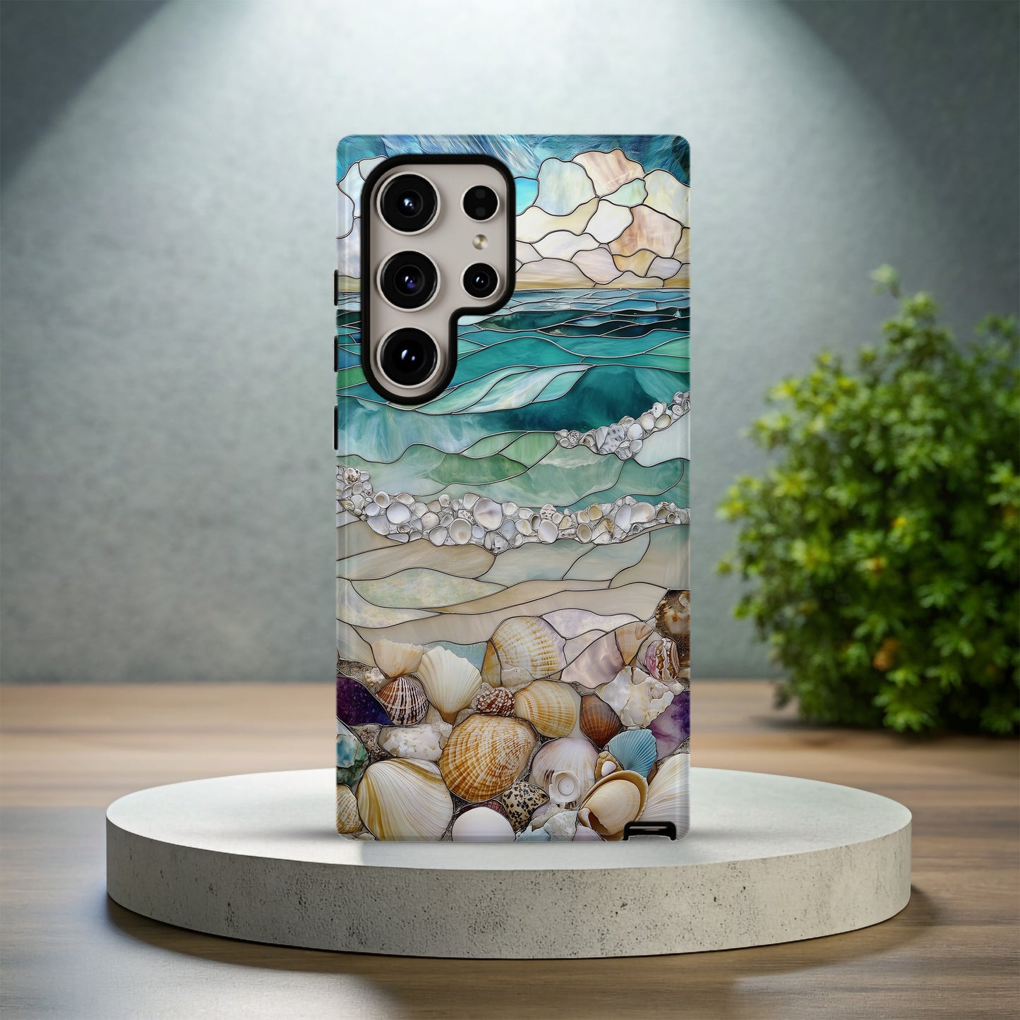 Stained Glass Beach Phone Case – Ocean Waves & Shell Shoreline Art Nouveau Design