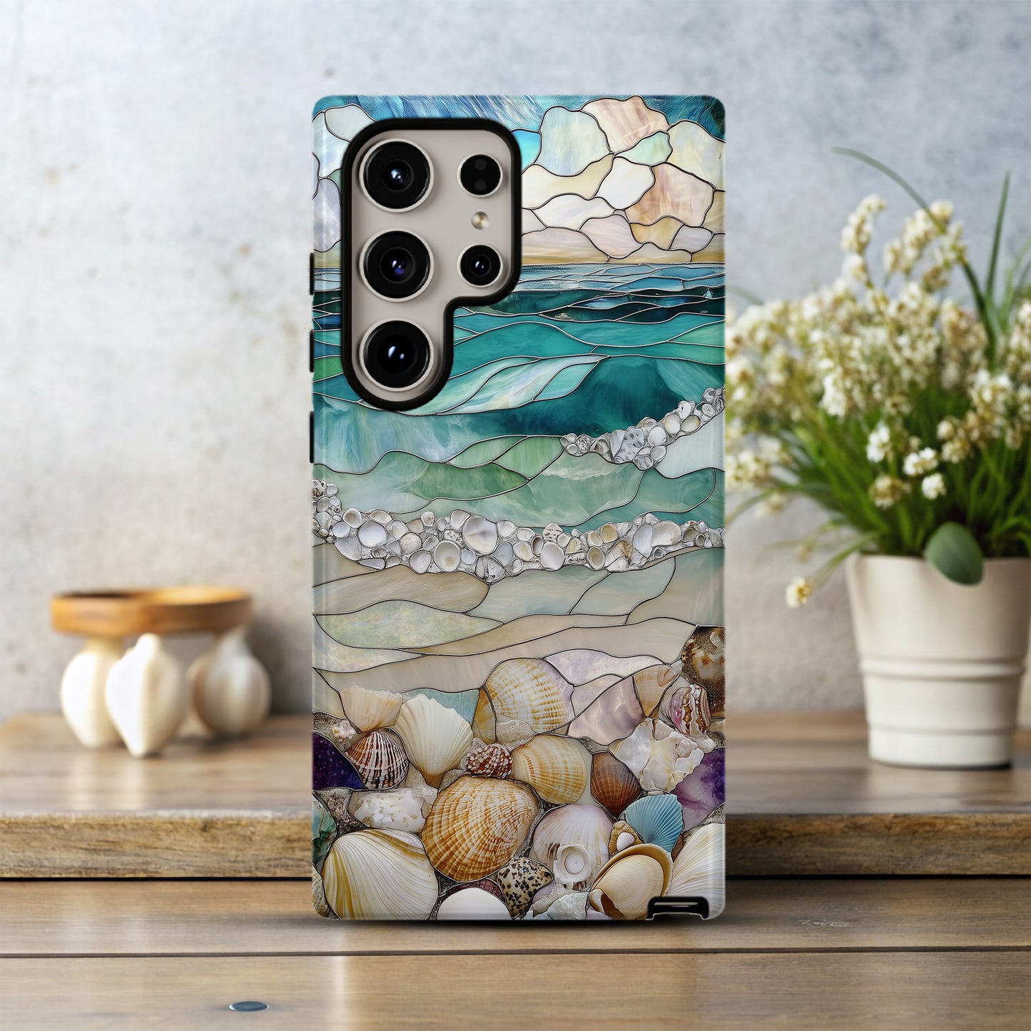 Stained Glass Beach Phone Case – Ocean Waves & Shell Shoreline Art Nouveau Design