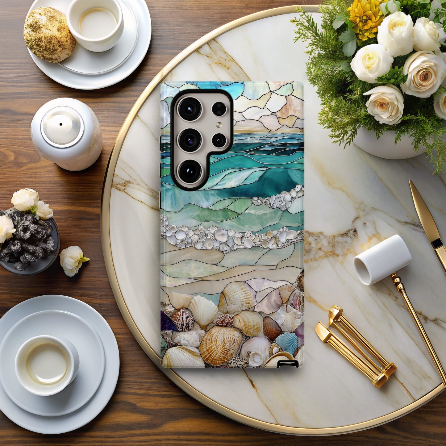 Stained Glass Beach Phone Case – Ocean Waves & Shell Shoreline Art Nouveau Design