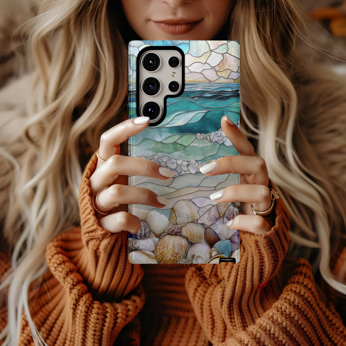 Stained Glass Beach Phone Case – Ocean Waves & Shell Shoreline Art Nouveau Design