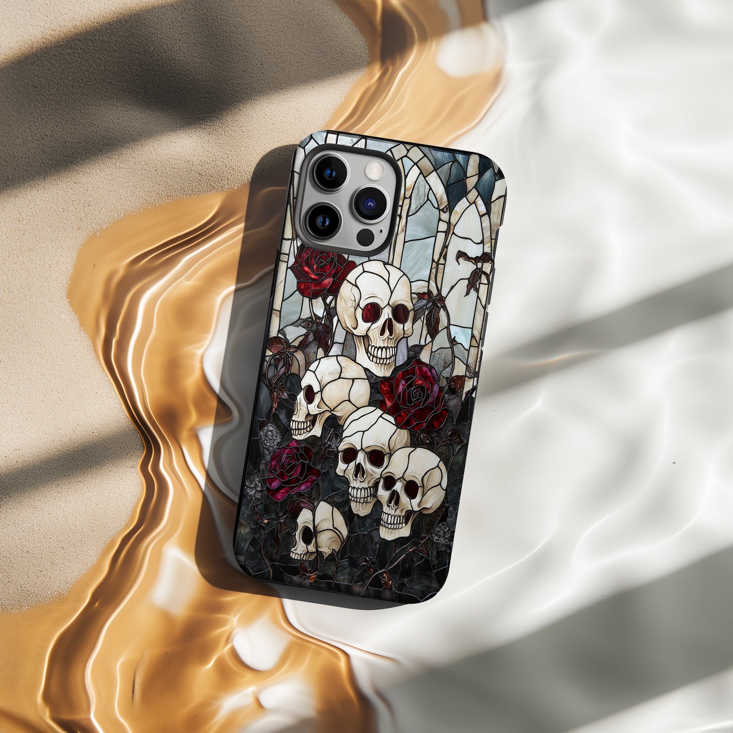 Gothic Skulls & Roses Stained Glass Phone Case – Dark Cathedral Aesthetic