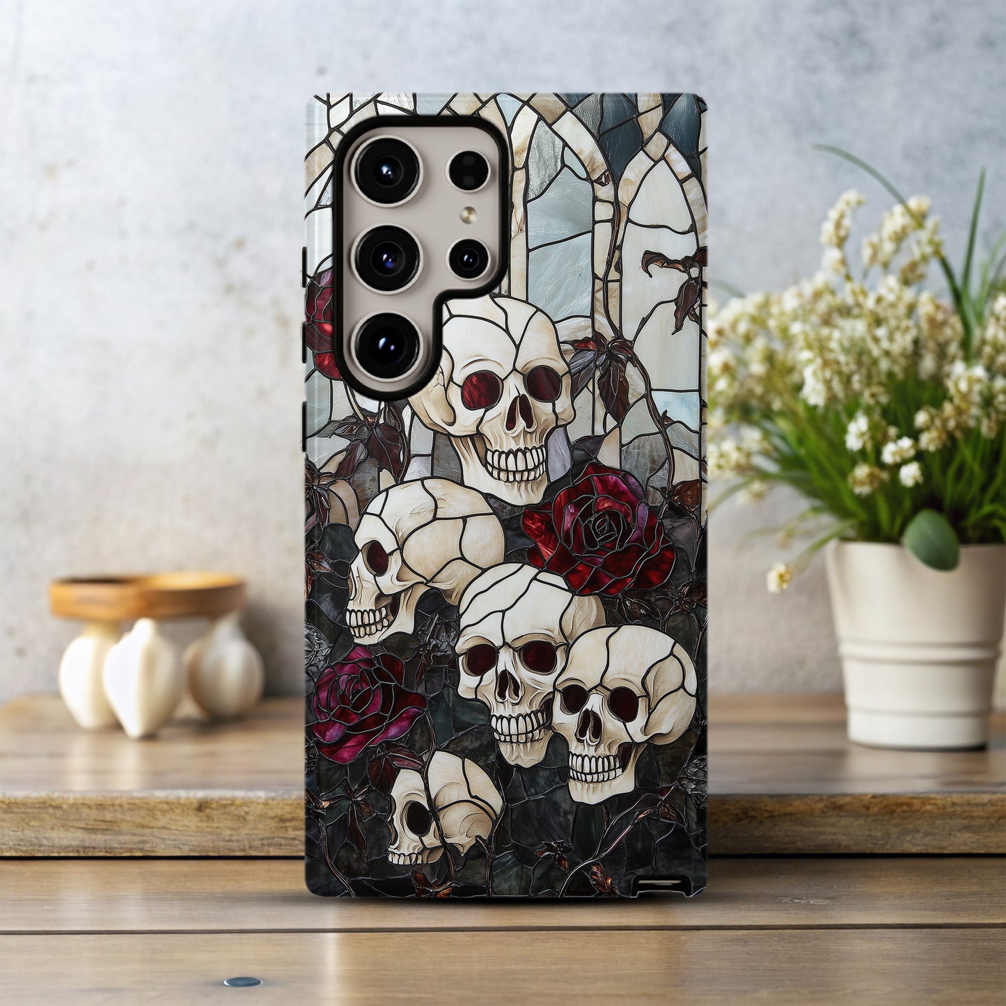 Gothic Skulls & Roses Stained Glass Phone Case – Dark Cathedral Aesthetic