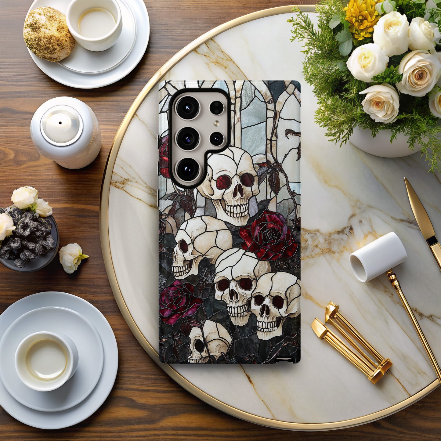 Gothic Skulls & Roses Stained Glass Phone Case – Dark Cathedral Aesthetic