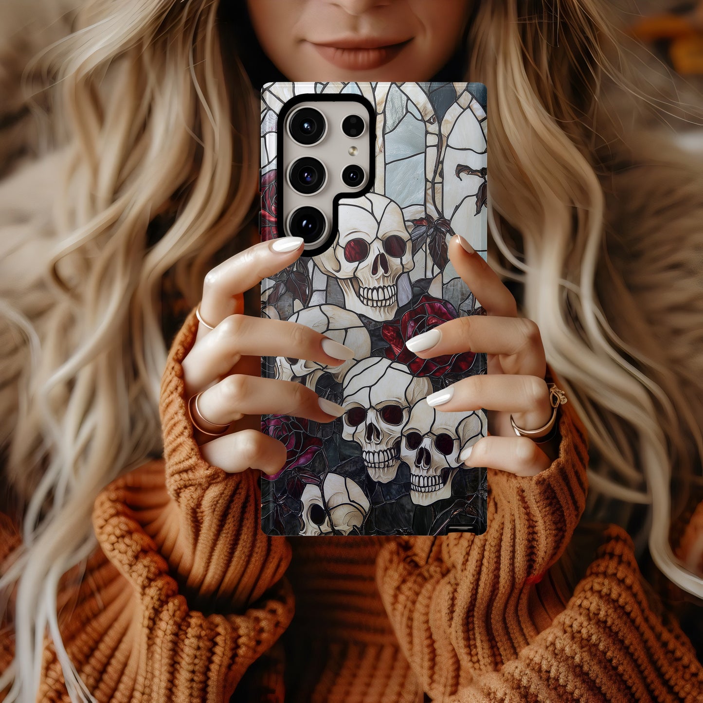 Gothic Skulls & Roses Stained Glass Phone Case – Dark Cathedral Aesthetic