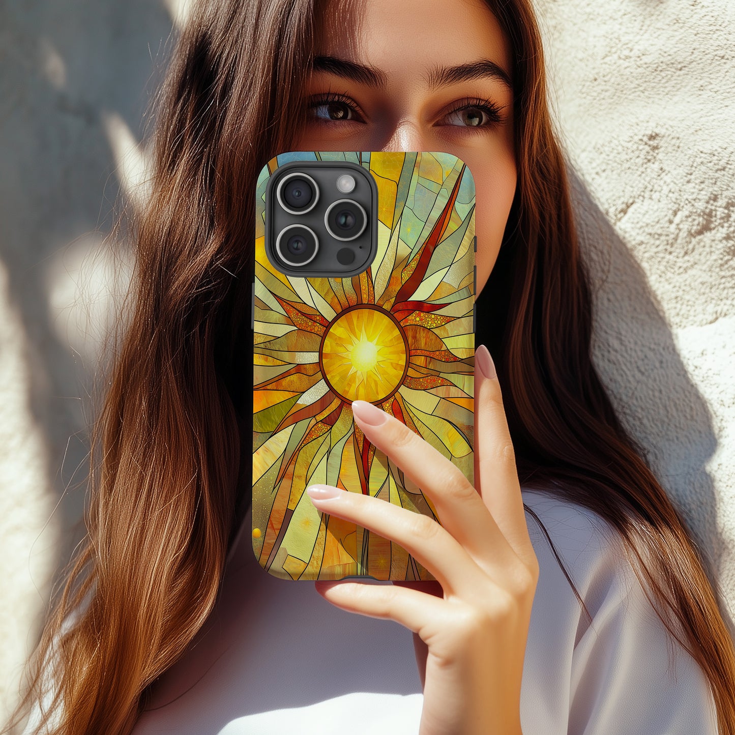Stained Glass Sunburst Phone Case – Radiant Solar Flare Design