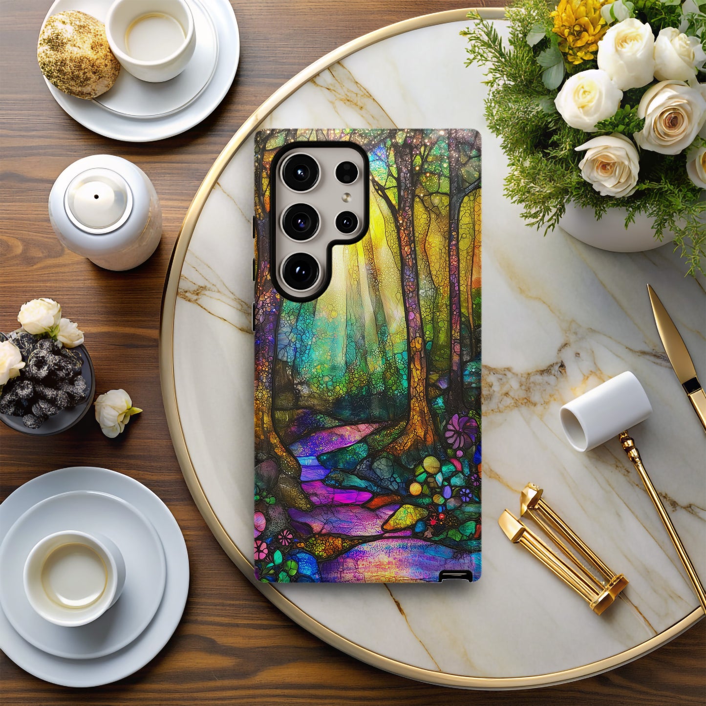 Twilight Enchanted Forest Phone Case – Whimsical Stained Glass Woodland Glow
