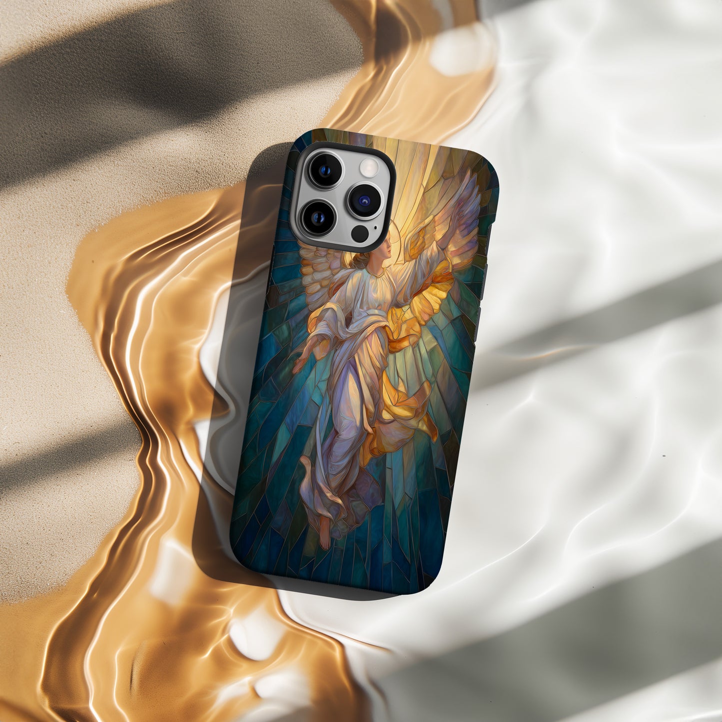Heavenly Angel Phone Case – Stained Glass Art with Glowing Halo & Outstretched Wings