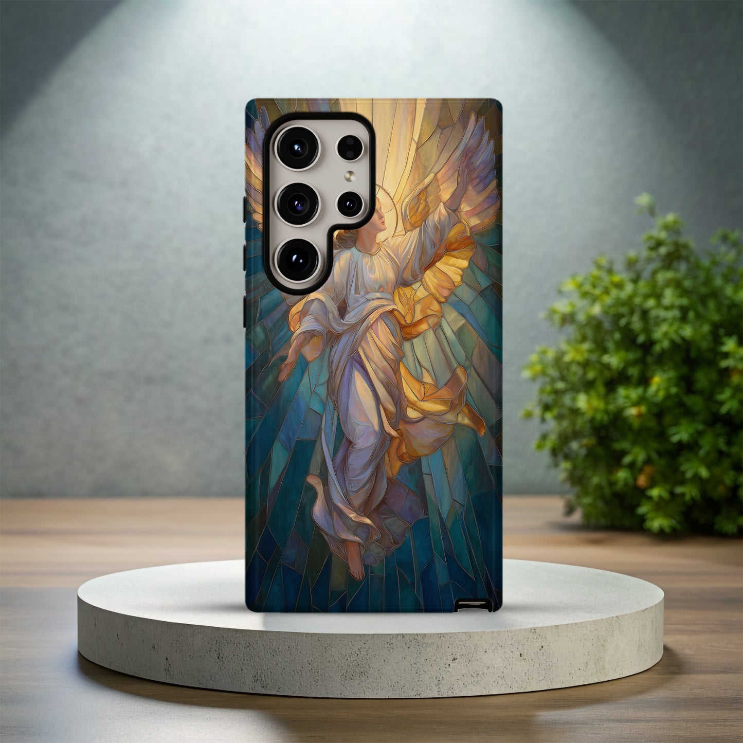 Heavenly Angel Phone Case – Stained Glass Art with Glowing Halo & Outstretched Wings