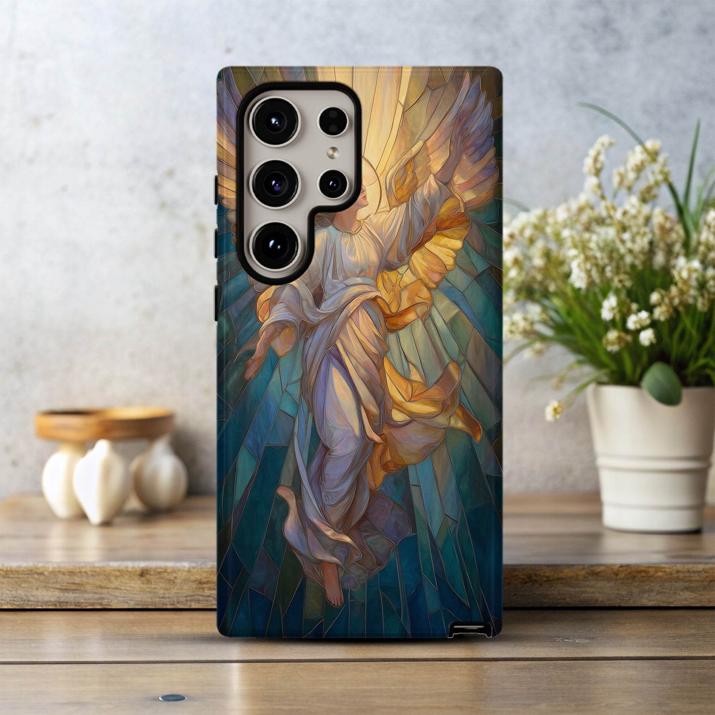 Heavenly Angel Phone Case – Stained Glass Art with Glowing Halo & Outstretched Wings