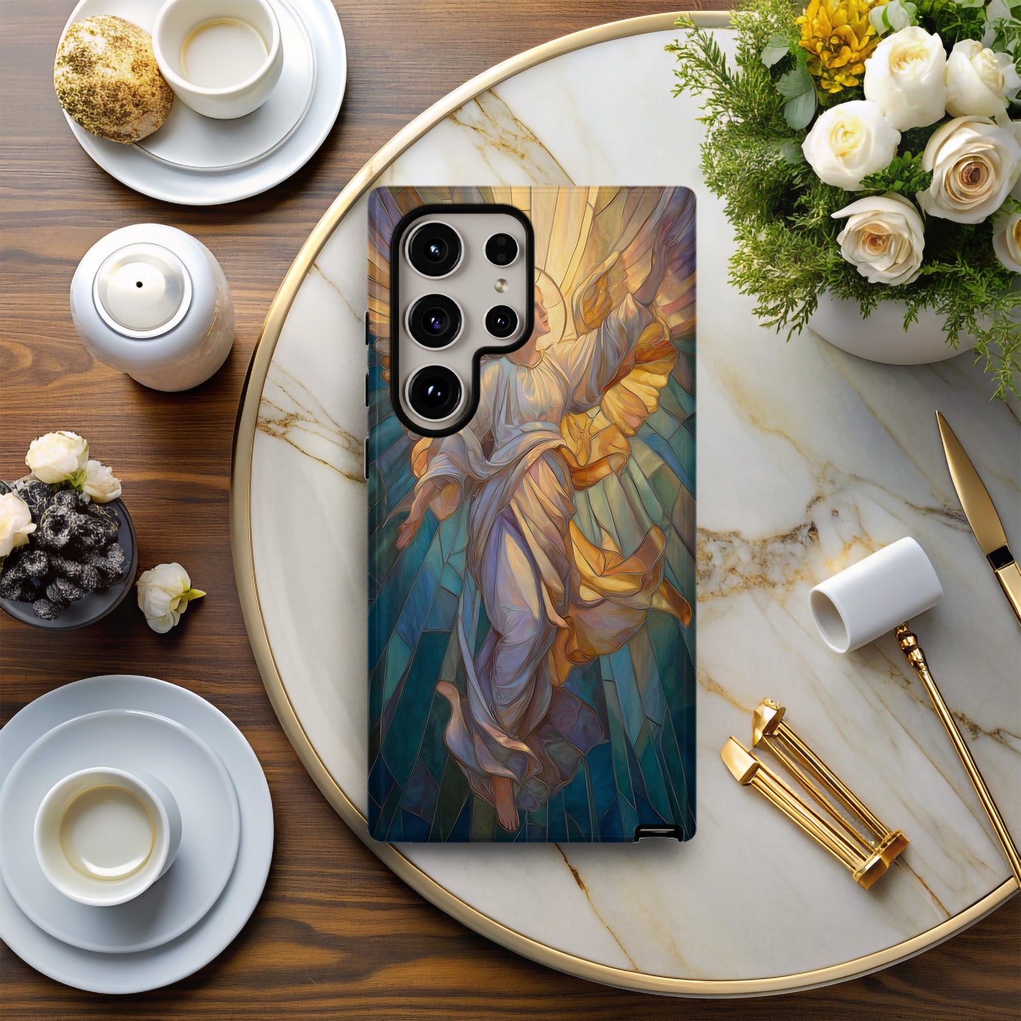 Heavenly Angel Phone Case – Stained Glass Art with Glowing Halo & Outstretched Wings