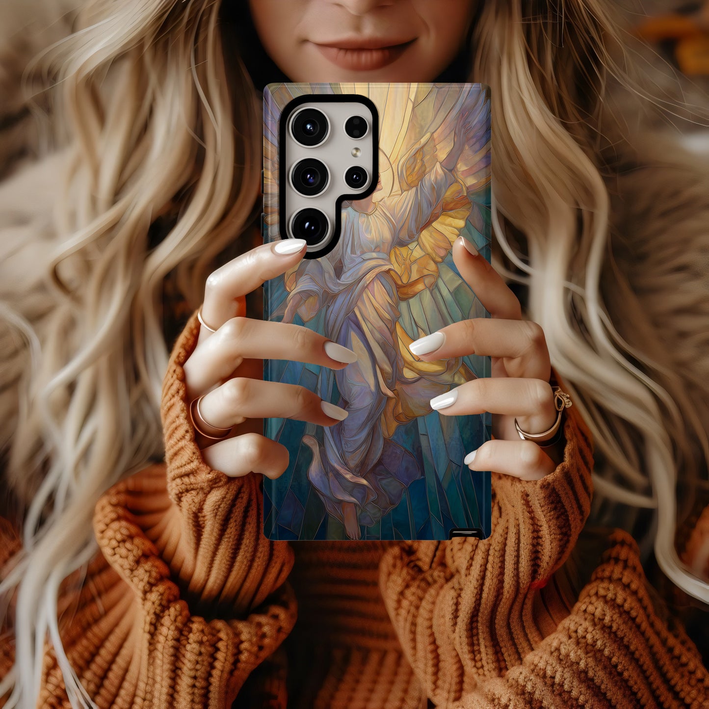 Heavenly Angel Phone Case – Stained Glass Art with Glowing Halo & Outstretched Wings