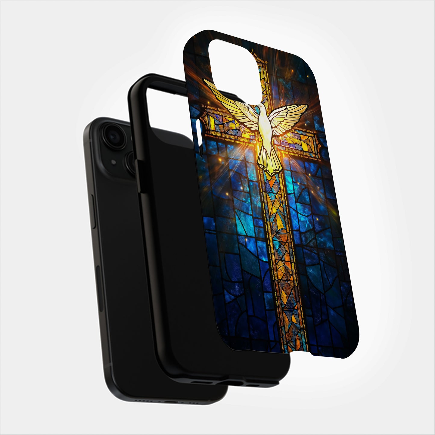 Radiant Cross & Dove Phone Case – Stained Glass Holy Spirit Symbol with Light Beams