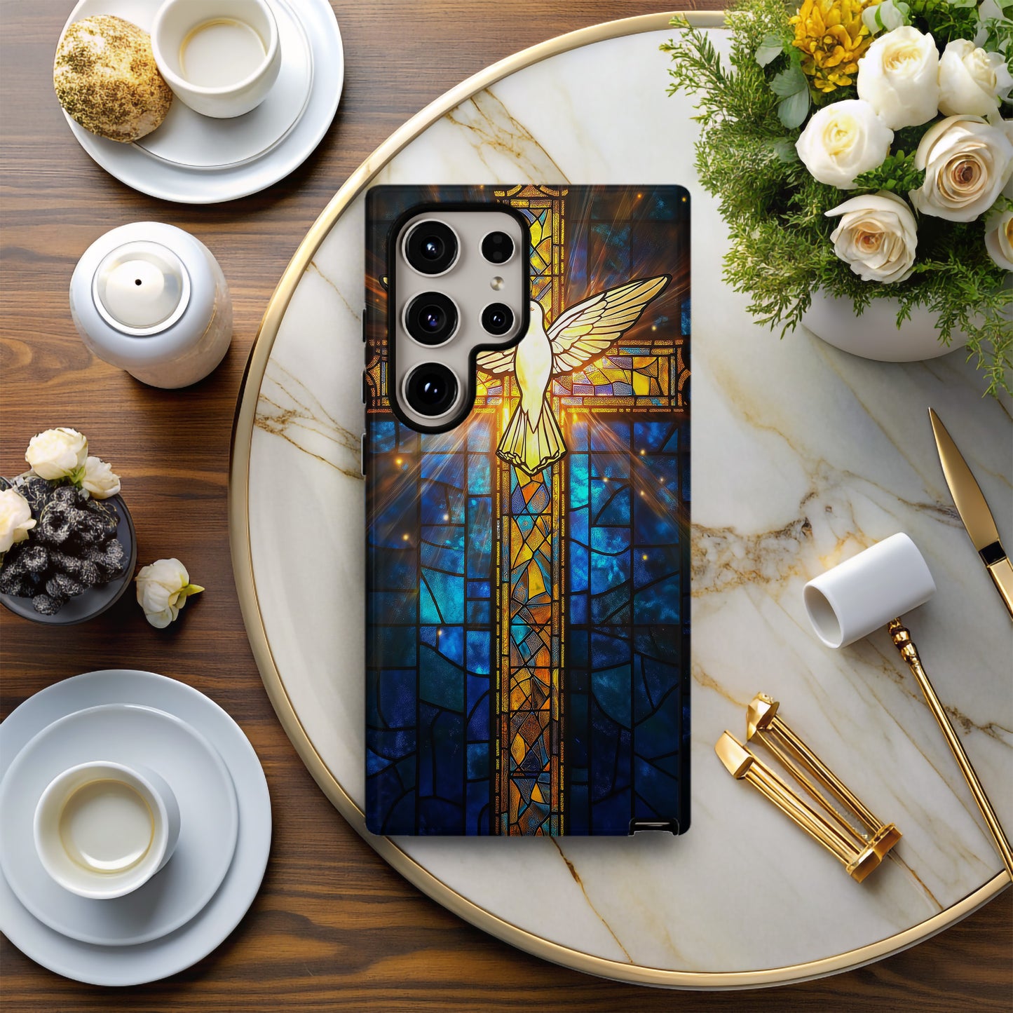 Radiant Cross & Dove Phone Case – Stained Glass Holy Spirit Symbol with Light Beams