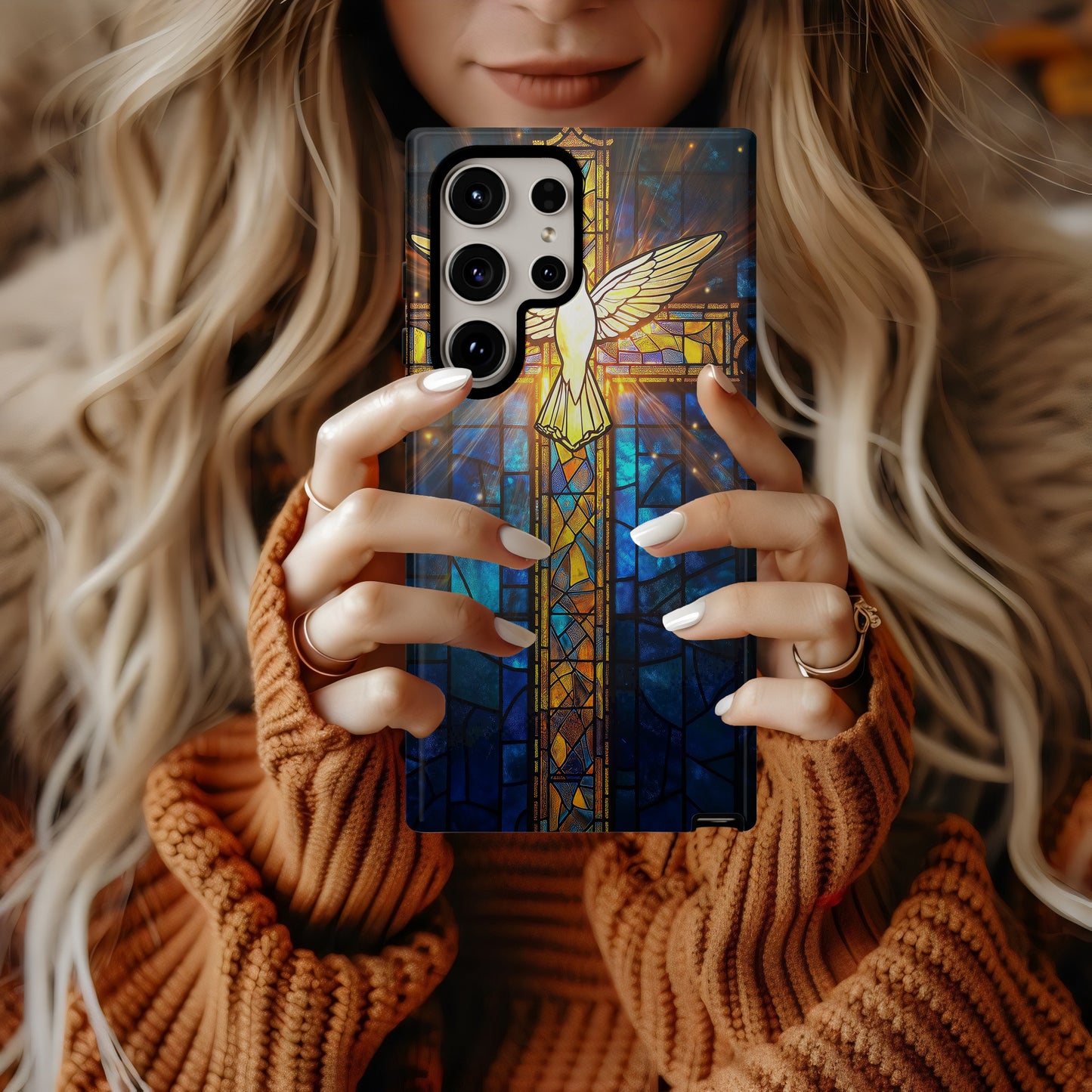 Radiant Cross & Dove Phone Case – Stained Glass Holy Spirit Symbol with Light Beams