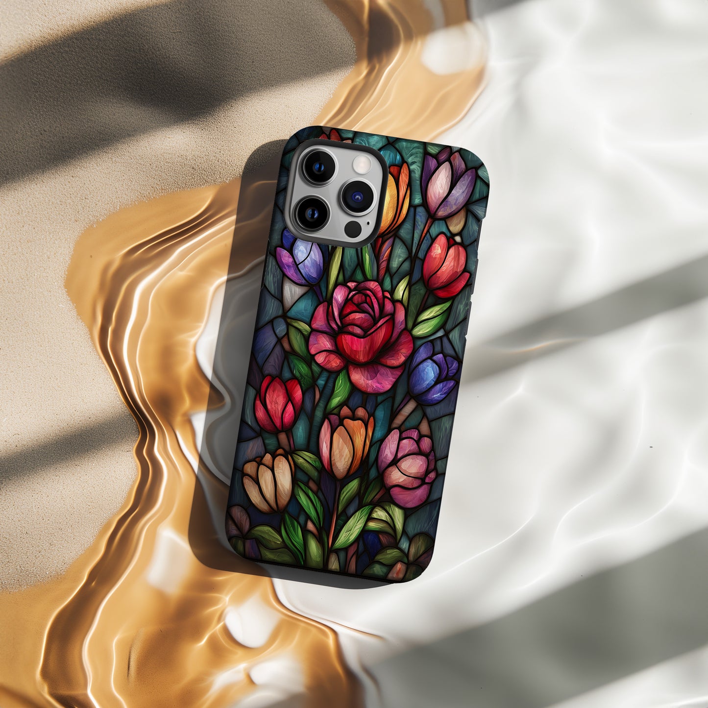 Garden of Light Phone Case – Stained Glass Roses and Tulips in Bloom