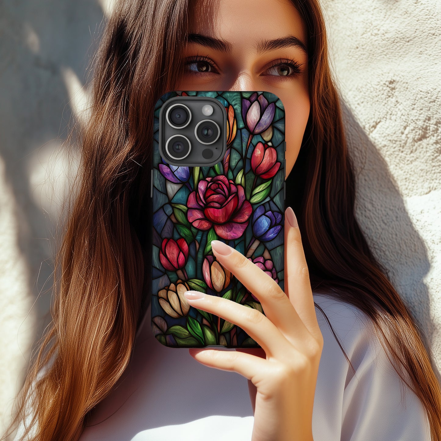 Garden of Light Phone Case – Stained Glass Roses and Tulips in Bloom