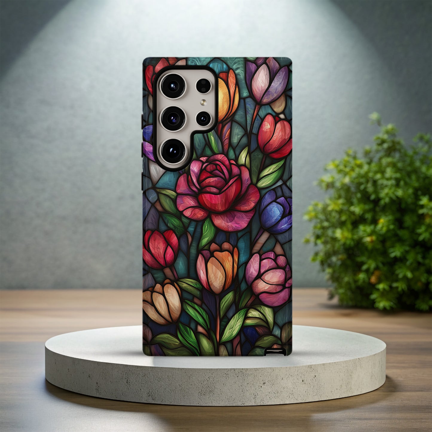 Garden of Light Phone Case – Stained Glass Roses and Tulips in Bloom