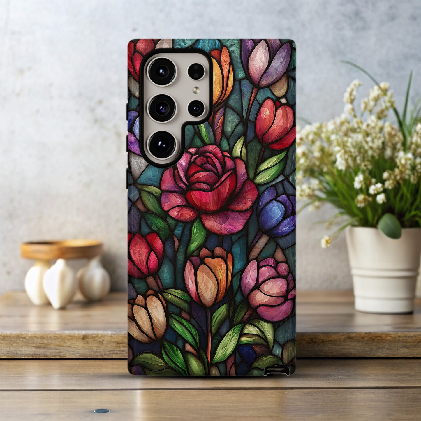 Garden of Light Phone Case – Stained Glass Roses and Tulips in Bloom