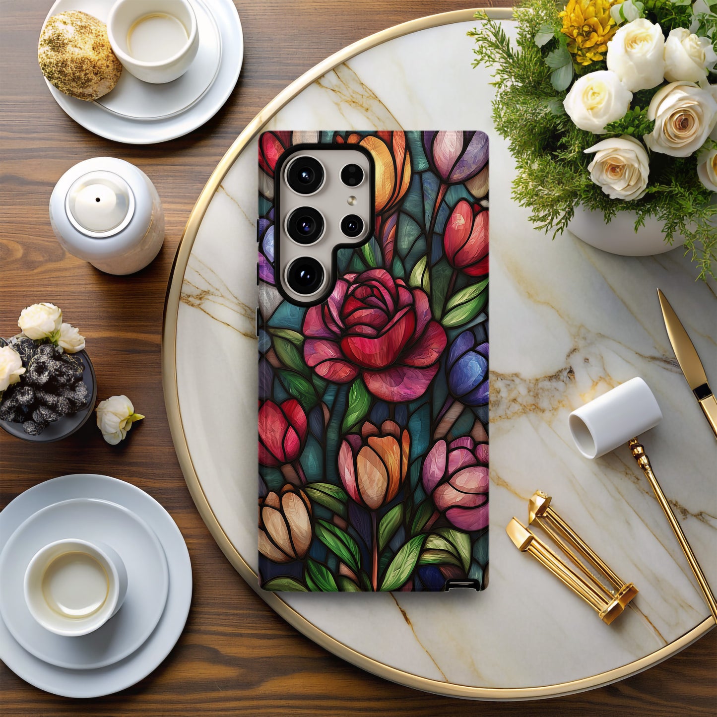 Garden of Light Phone Case – Stained Glass Roses and Tulips in Bloom