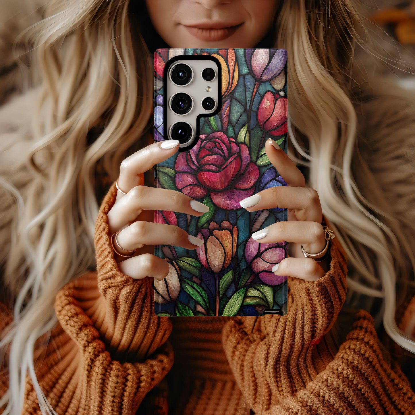 Garden of Light Phone Case – Stained Glass Roses and Tulips in Bloom