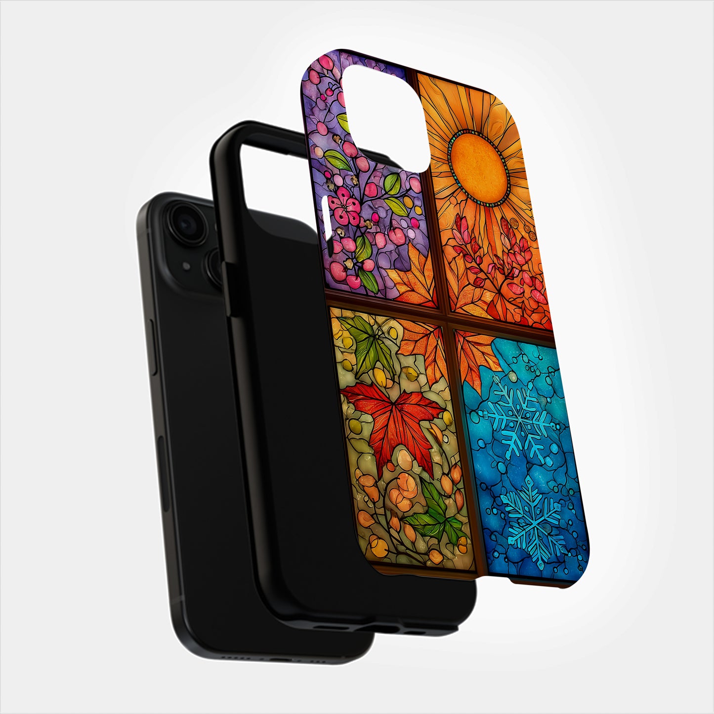 Four Seasons Stained Glass Phone Case – Spring Blossoms, Summer Sun, Autumn Leaves & Winter