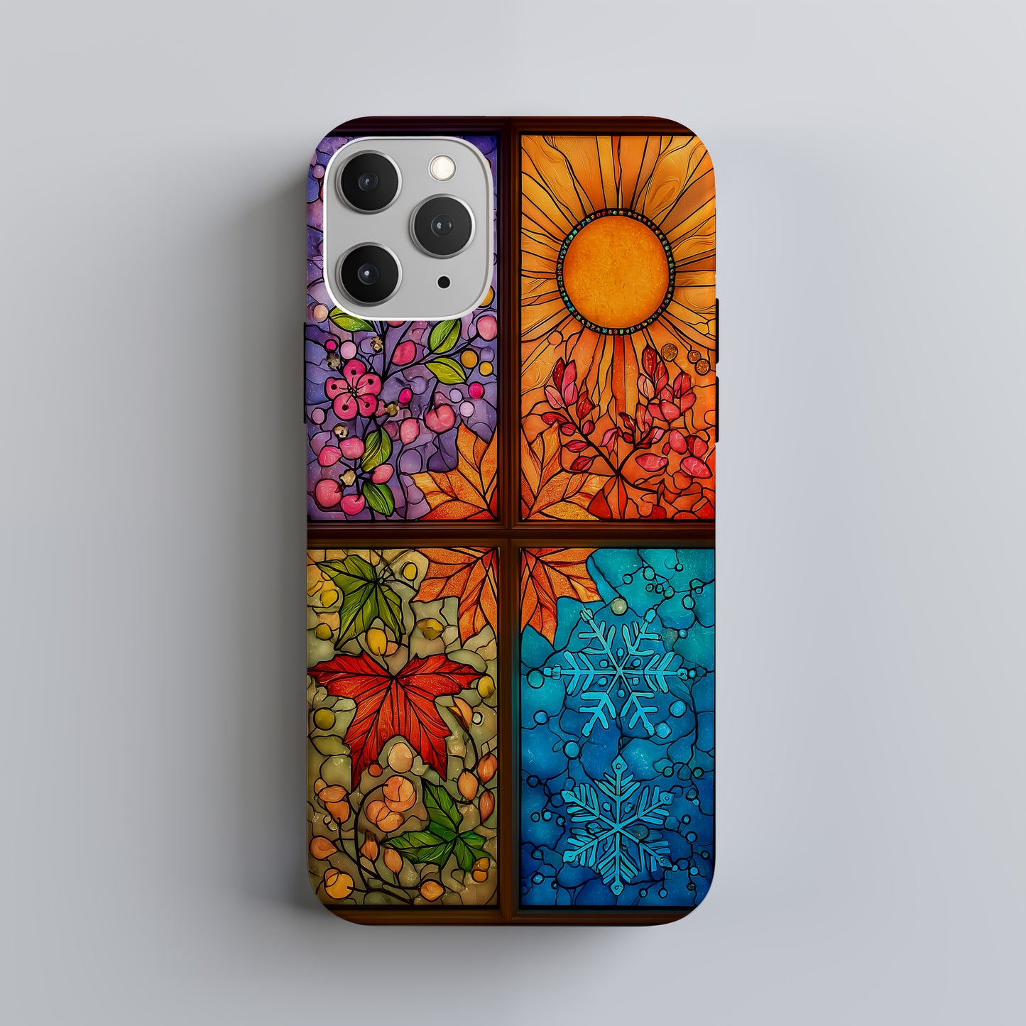 Four Seasons Stained Glass Phone Case – Spring Blossoms, Summer Sun, Autumn Leaves & Winter