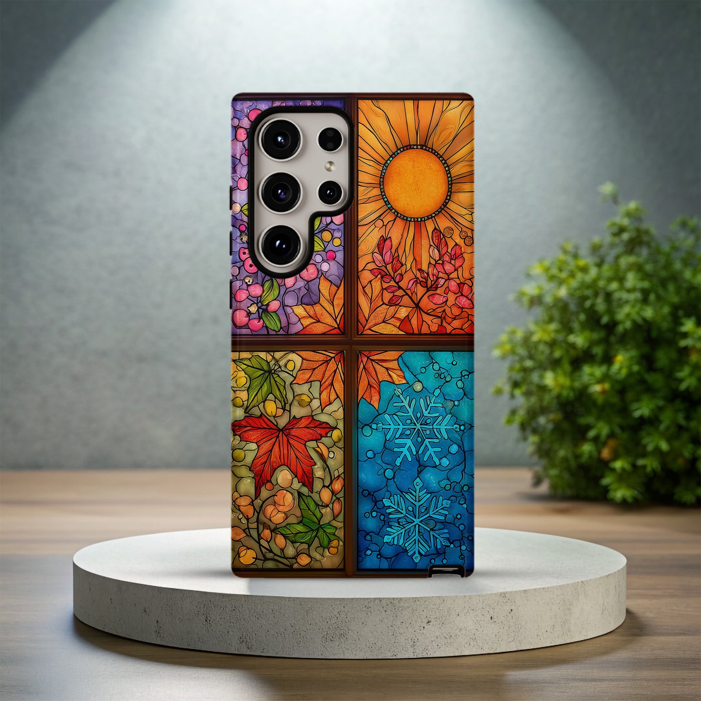 Four Seasons Stained Glass Phone Case – Spring Blossoms, Summer Sun, Autumn Leaves & Winter