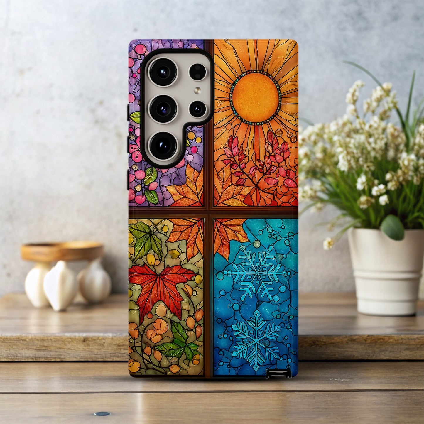 Four Seasons Stained Glass Phone Case – Spring Blossoms, Summer Sun, Autumn Leaves & Winter