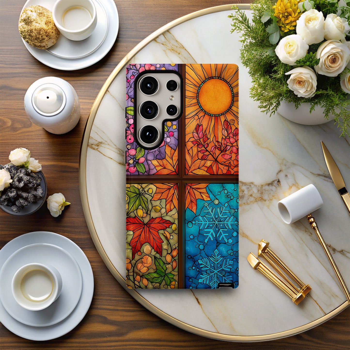 Four Seasons Stained Glass Phone Case – Spring Blossoms, Summer Sun, Autumn Leaves & Winter
