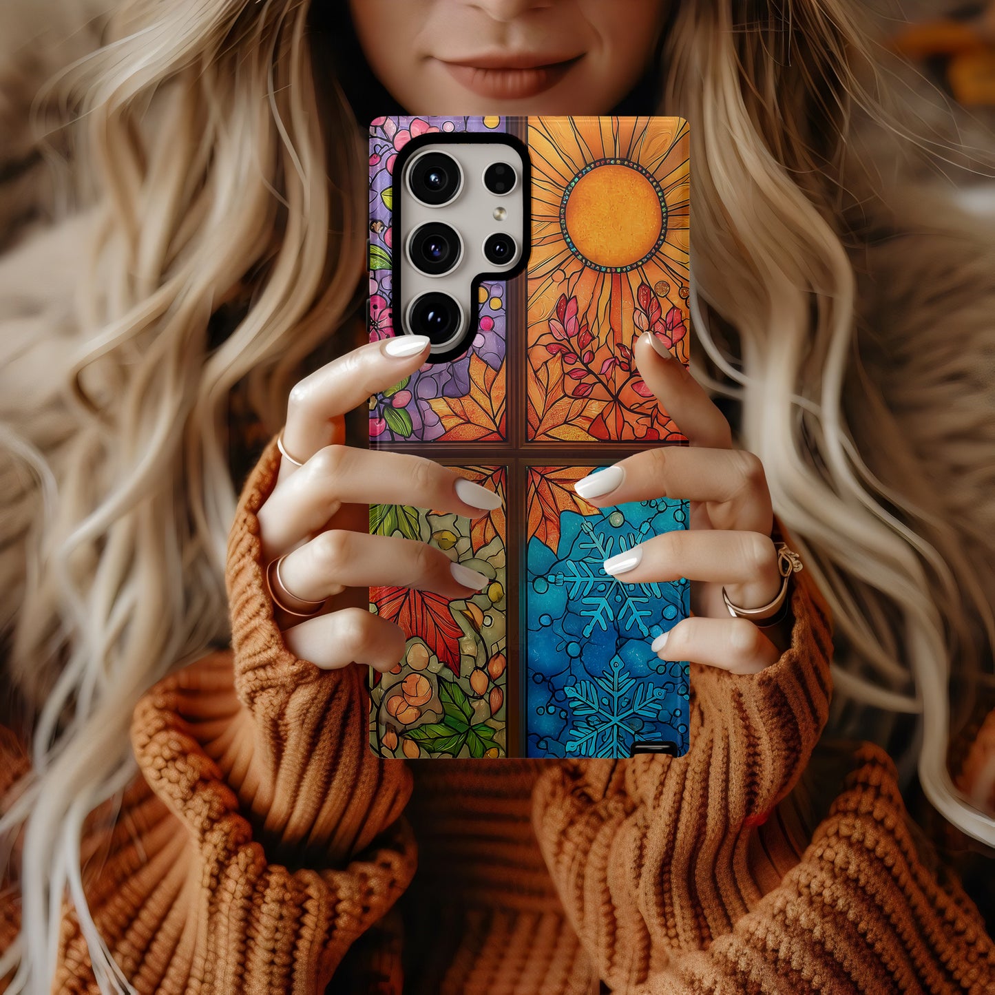 Four Seasons Stained Glass Phone Case – Spring Blossoms, Summer Sun, Autumn Leaves & Winter