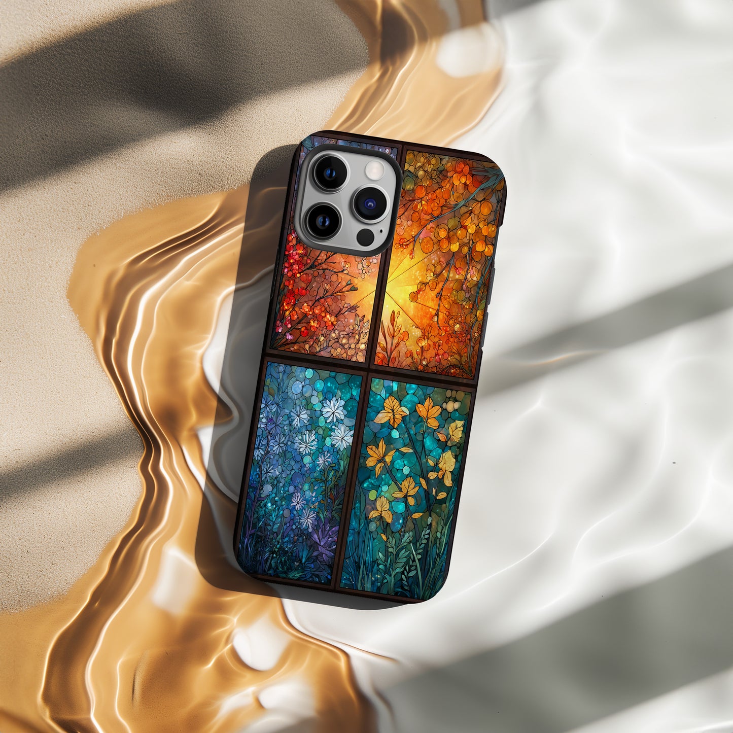 Botanical Seasons Phone Case – Stained Glass Spring, Summer, Autumn, and Winter Floral Panels