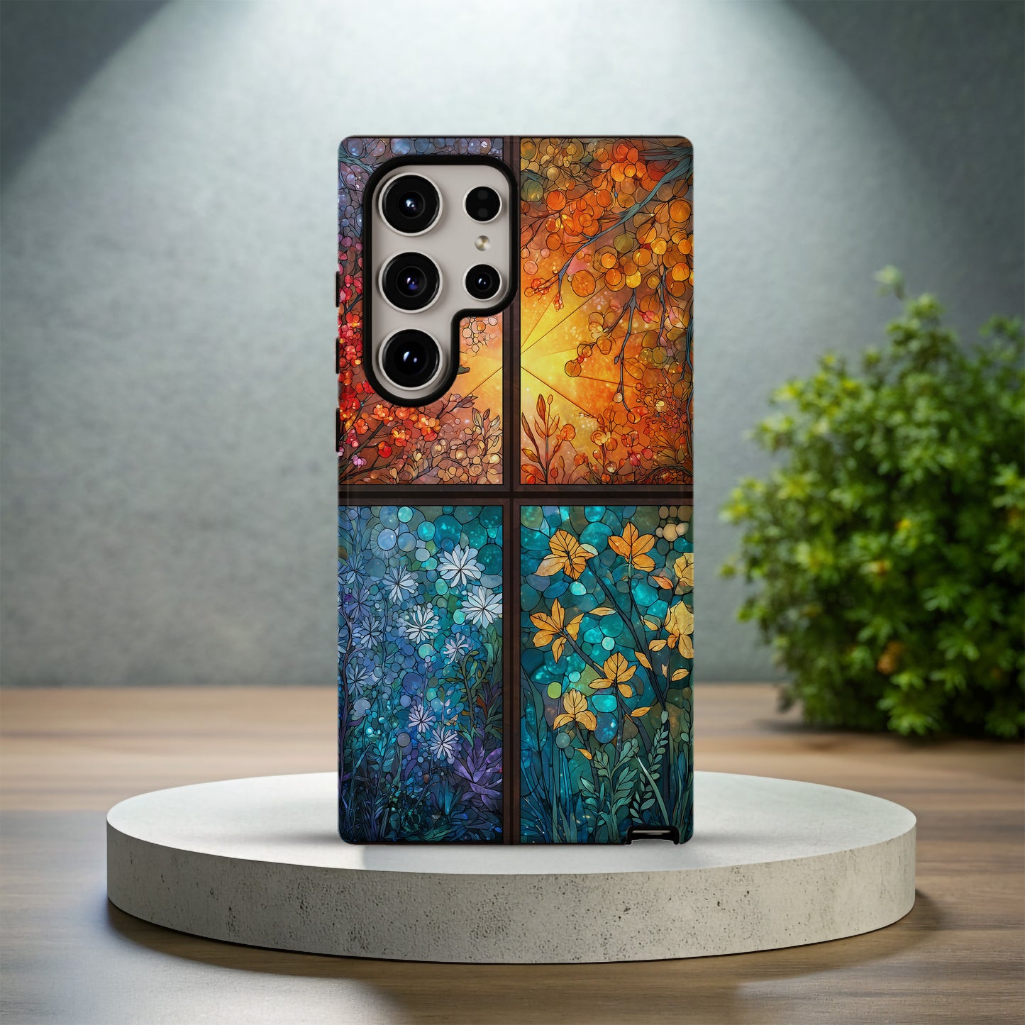 Botanical Seasons Phone Case – Stained Glass Spring, Summer, Autumn, and Winter Floral Panels