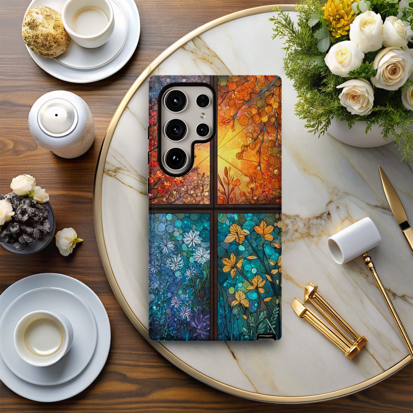 Botanical Seasons Phone Case – Stained Glass Spring, Summer, Autumn, and Winter Floral Panels
