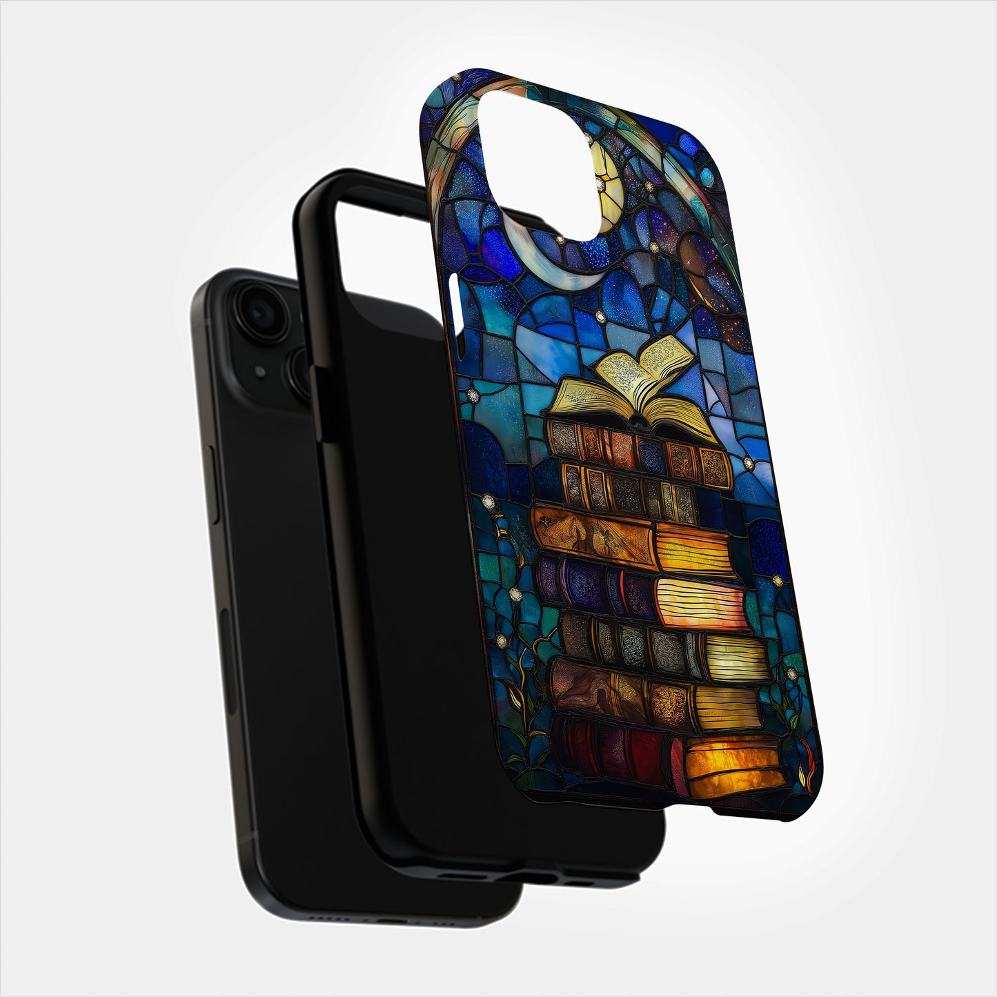 Celestial Library Phone Case – Stained Glass Books, Moon & Stars Art