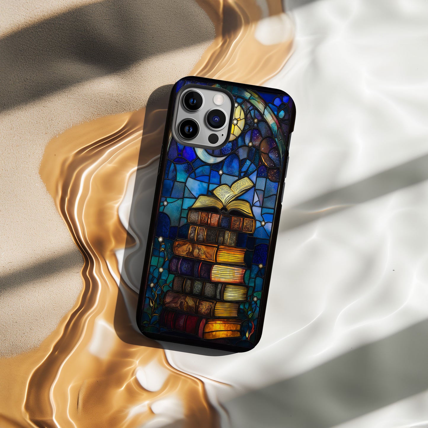Celestial Library Phone Case – Stained Glass Books, Moon & Stars Art