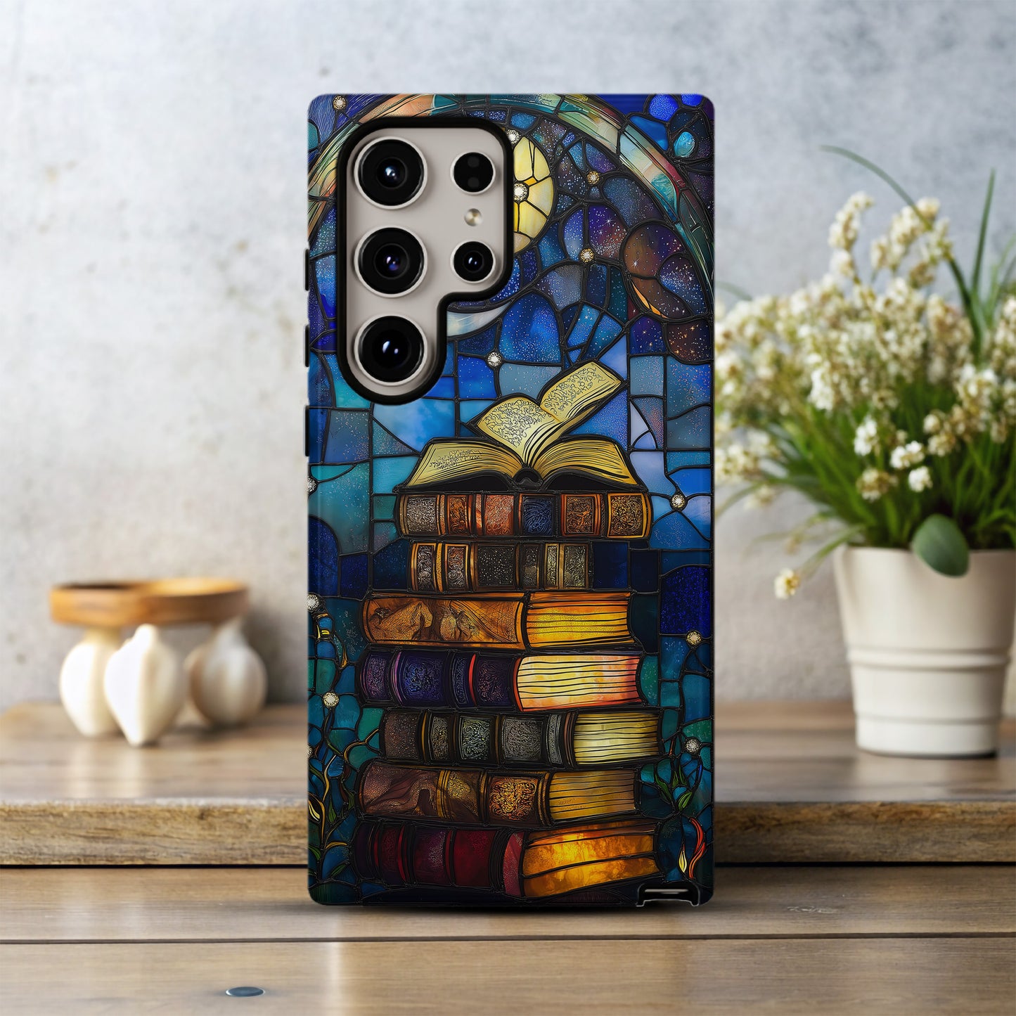Celestial Library Phone Case – Stained Glass Books, Moon & Stars Art