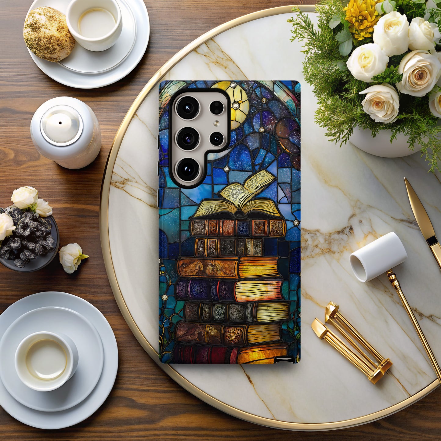 Celestial Library Phone Case – Stained Glass Books, Moon & Stars Art