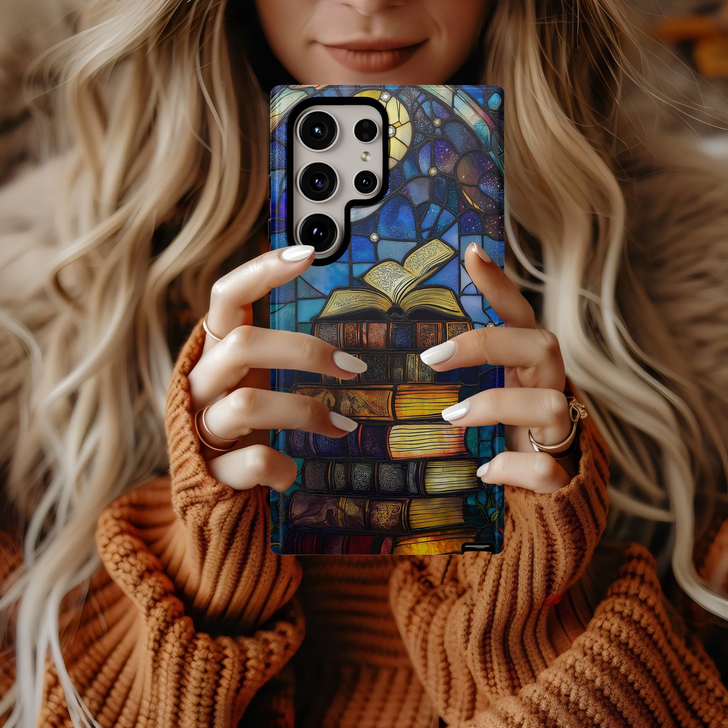 Celestial Library Phone Case – Stained Glass Books, Moon & Stars Art