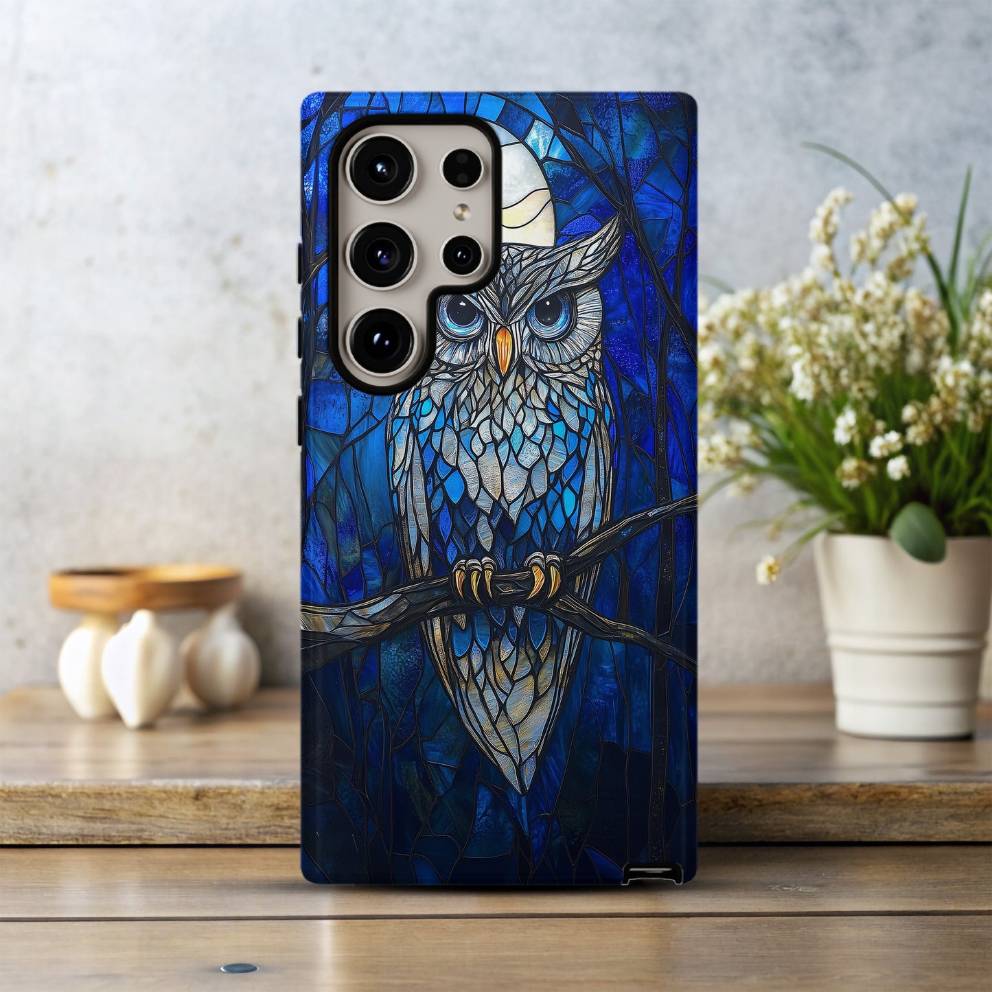 Moonlit Owl Stained Glass Phone Case – Celestial Forest Art