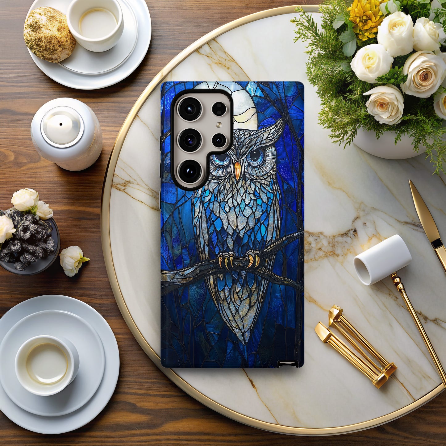Moonlit Owl Stained Glass Phone Case – Celestial Forest Art