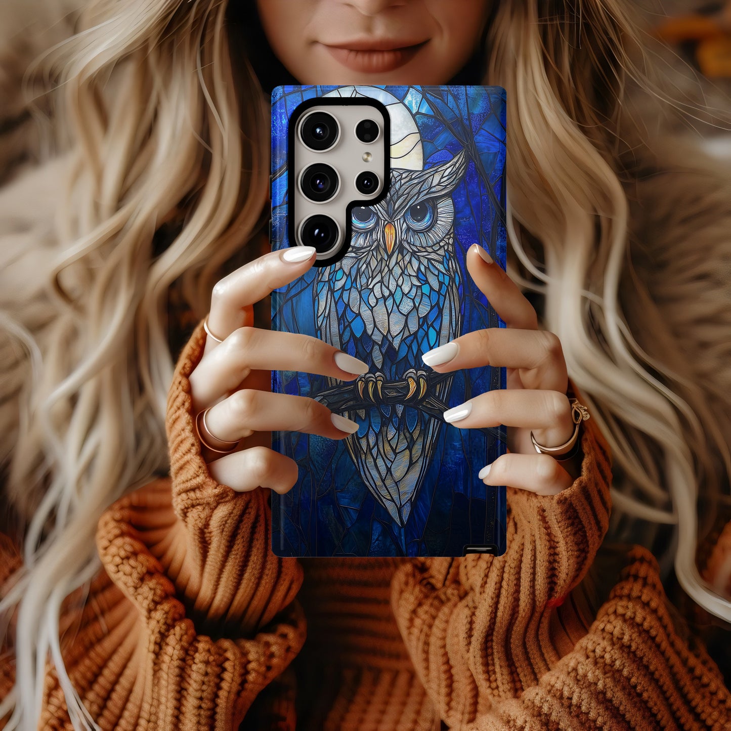 Moonlit Owl Stained Glass Phone Case – Celestial Forest Art