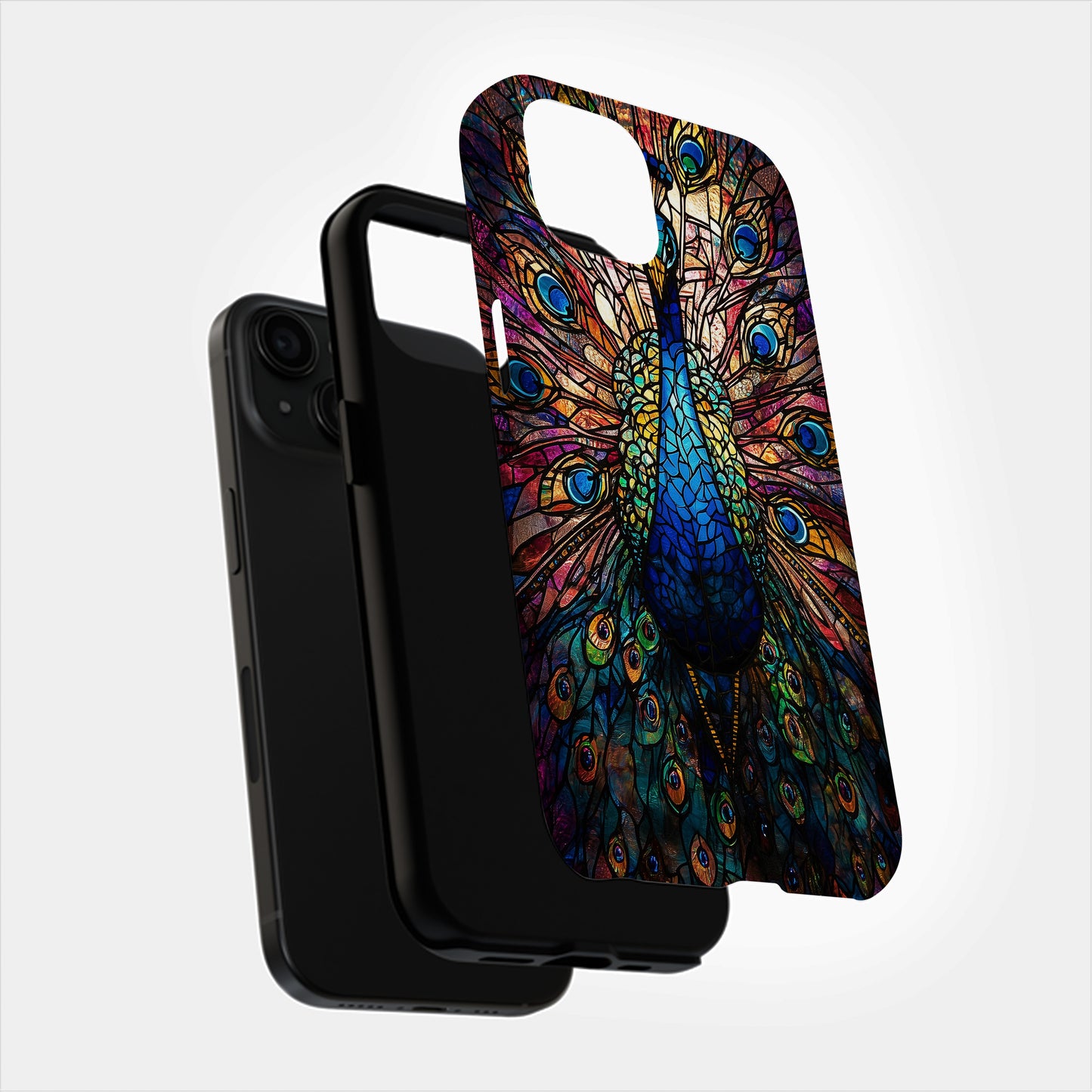 Majestic Peacock Stained Glass Phone Case – Jewel-Toned Art Nouveau Design