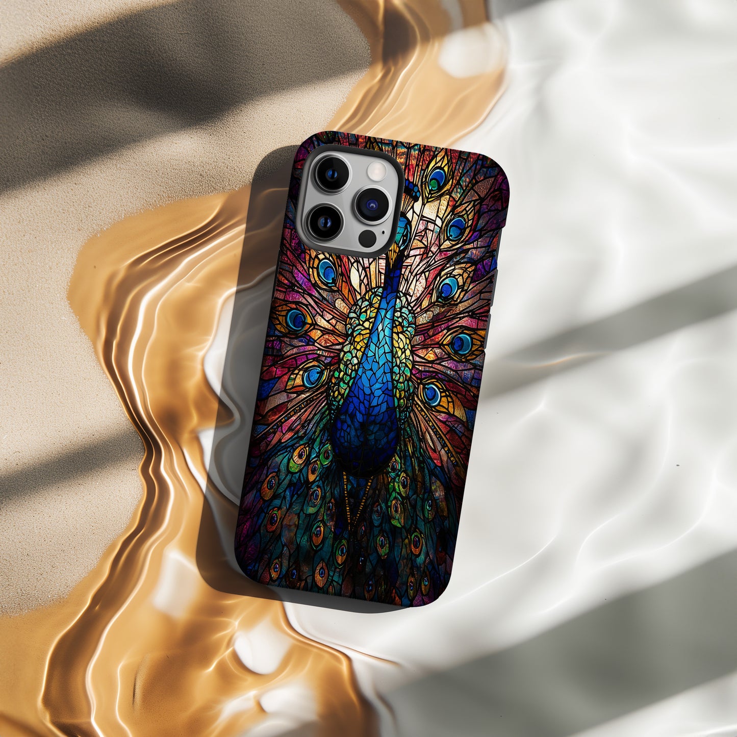 Majestic Peacock Stained Glass Phone Case – Jewel-Toned Art Nouveau Design